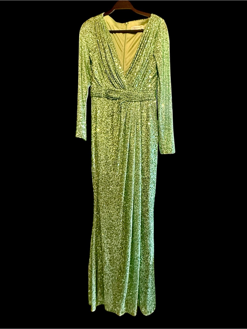 Mac Duggal 26490 Green Sequined Long Sleeve Gown High Slit NWT